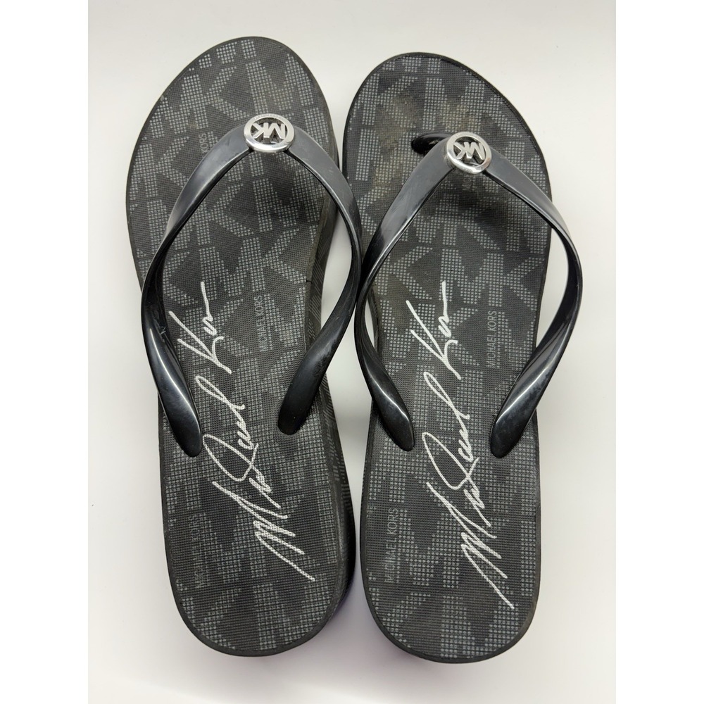 Michael Kors Bedford Platform Flip Flop Women 7 Black Jet Set Signature Low Heel